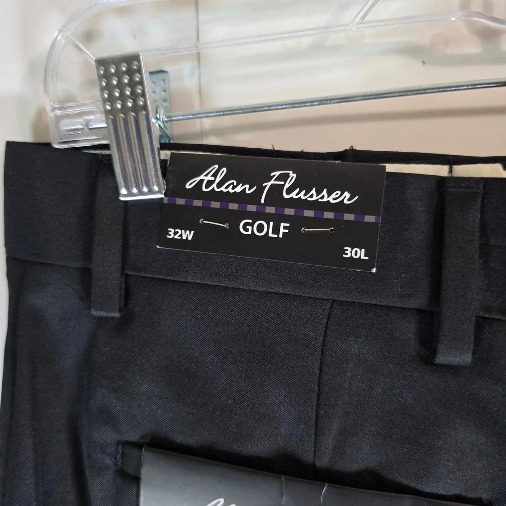 Alan Flusser Golf Pants Mens 32x30 Black Pleated Cuffed No Iron NWT